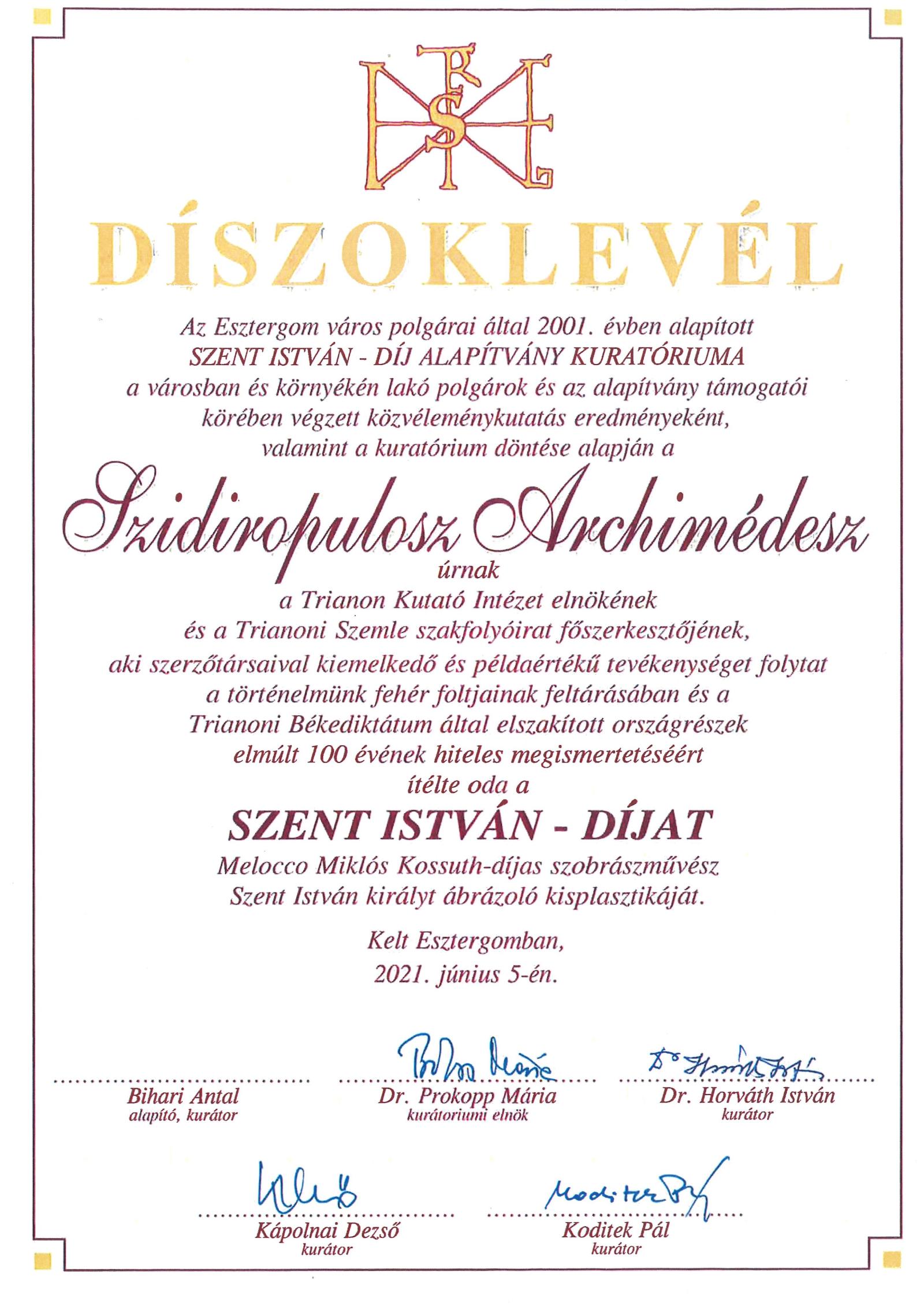 Szent István díj oklevél Szidiropulosz Archimédesznek
